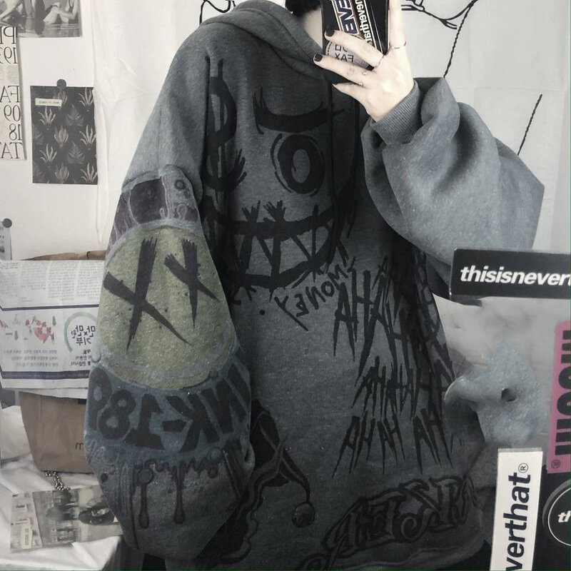 Hoodies Hip Hop japonês feminino, grafite de rua Punk, moletons com capuz grandes, tops de manga comprida feminina, gótico, outono