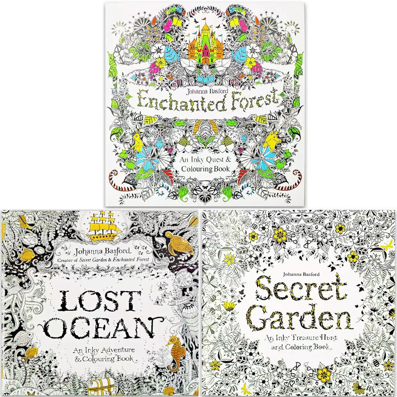 Secret Garden Coloring Book para Adultos e Crianças, Aprendendo Pintura, Graffiti Art, Desenho de Papelaria, Presentes Diferentes, 3 Livros