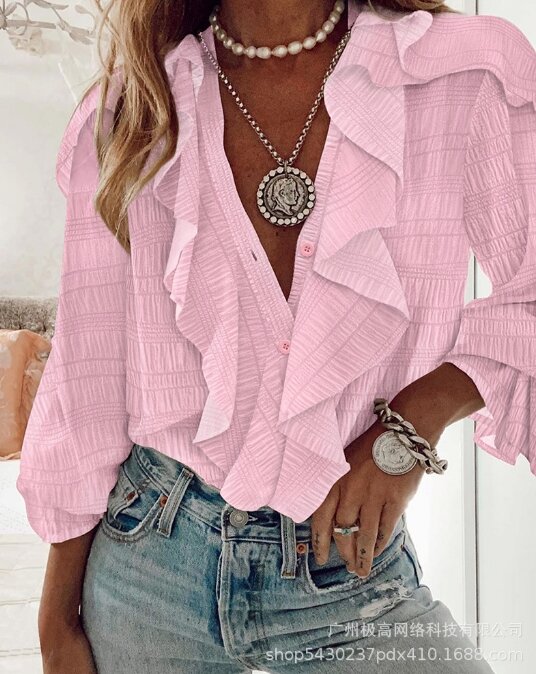 Women's Blouse Top Elegant Commuting Summer Fashion Pullover Button Solid Color Long Sleeved Ruffled V-neck Loose Fit Top