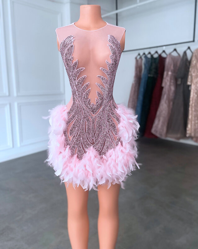 Sexy See Through Luxury Sparkly Pink Beaded Feather Black Girls Short Prom Dresses 2023 For Birthday Party