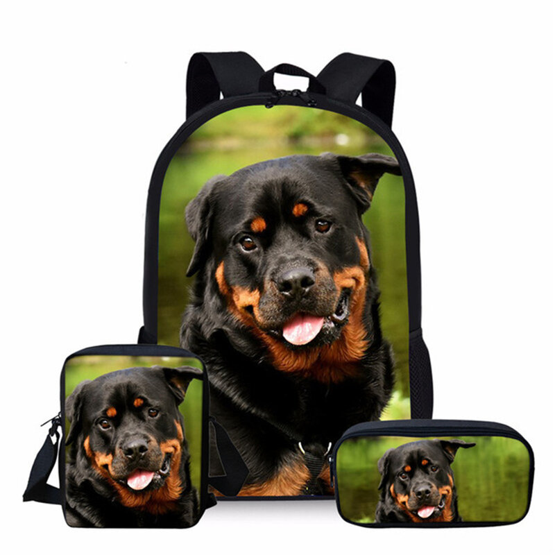 Bolsas escolares para alunos com impressão 3D para cães, mochila para laptop, mochila, bolsa de ombro inclinado, estojo, moda clássica, novidade, 3 pçs/set