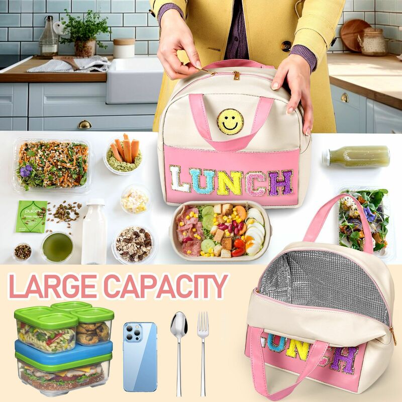 Isolados Lunch Bag com Chenille Letras, Leakproof térmica Cooler Sack, Reutilizáveis Food Bolsas, Adequado para Viagens, Trabalho, Escola
