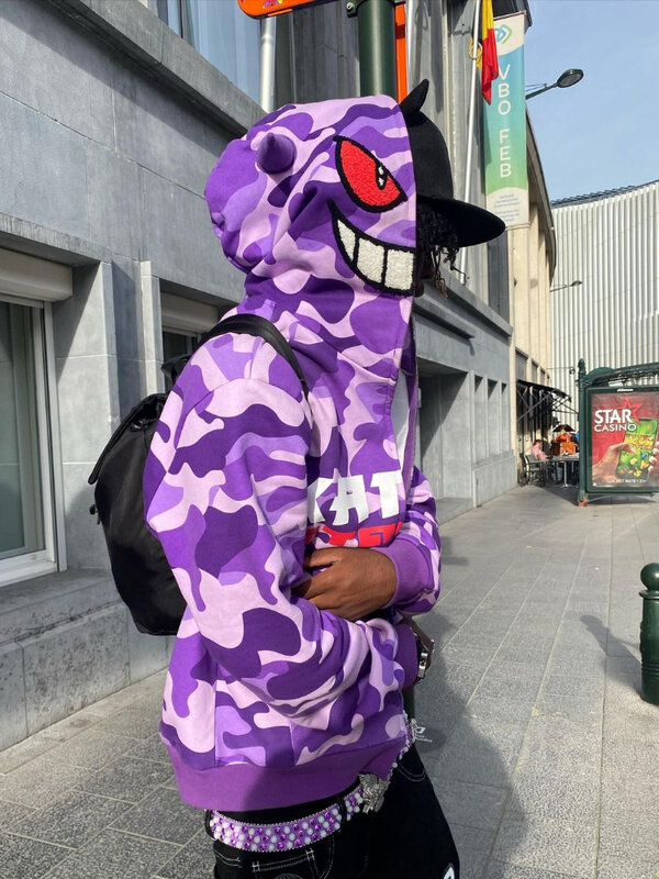 Sudadera con capucha de camuflaje Y2K, jersey de gran tamaño con cremallera, estilo Hip Hop, Harajuku, Punk, Rock, ropa de calle, novedad de 2023