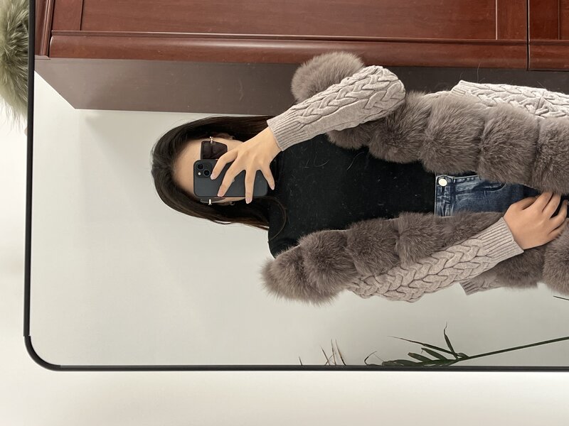 Natural Real Fox Fur Overcoat  Women's Warm Winter Gray Sweater Luxury Long With Pockets Hooded Thanksgiving clothes for woman
