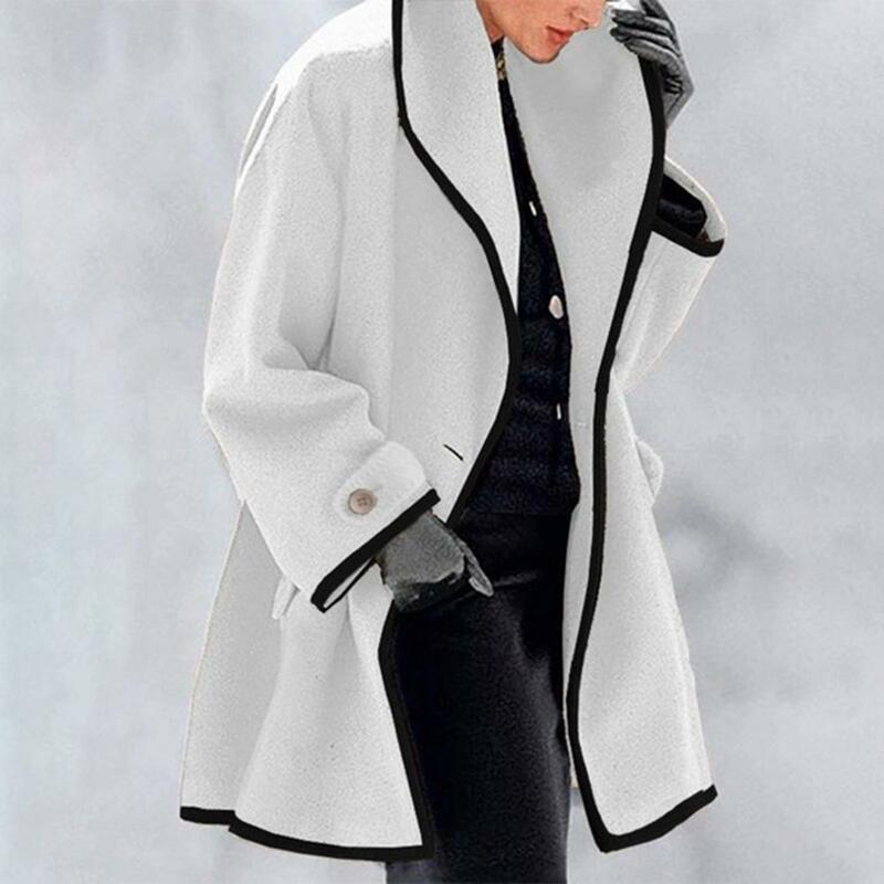 Women Fall Winter Jacket Loose Color Matching Lapel Long Sleeve Coat Mid Length Pockets Cardigan Thick Warm Lady Streetwear Coat