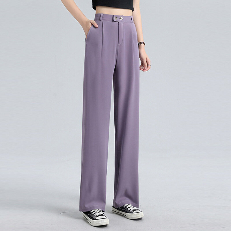 Pantalones de pierna ancha para mujer, ropa coreana elegante, pantalones de cintura alta, pantalones elegantes de verano