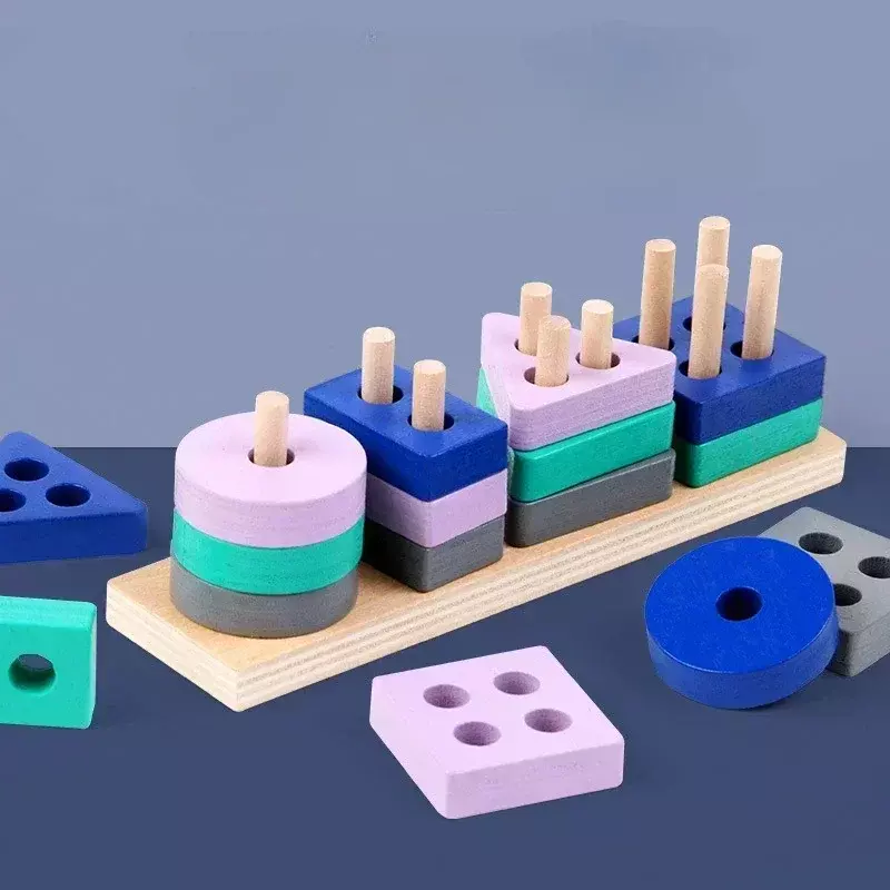 Baby Blocks Shape Puzzle Kids Wooden Building Block Toys Early Learning Colors Montessori Educational Child Toy