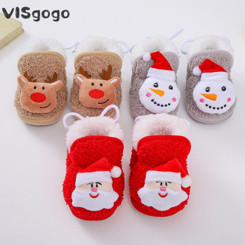 VISgogo 아기 크리스마스 신발, 산타 클로스 눈사람 엘크 부드러운 밑창 미끄럼 방지 워킹 슈즈, 플랫 유아 겨울 신발, 여아 남아용