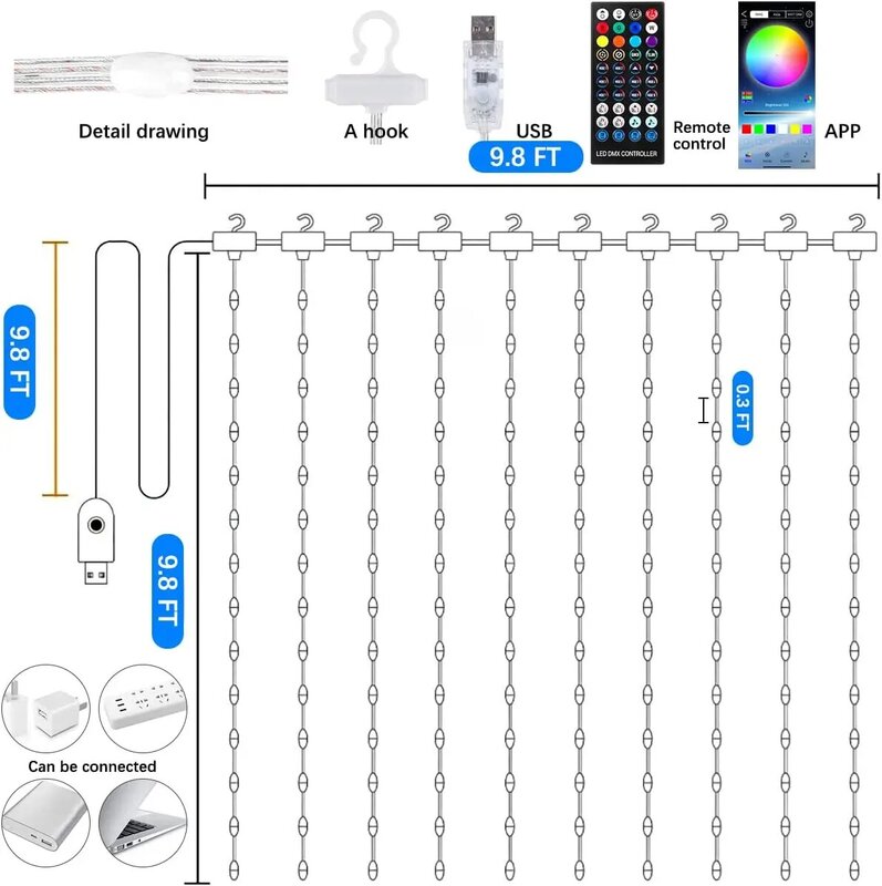 Cortina de luces LED RGB con Bluetooth inteligente, guirnalda de luces USB de 5V, luces de hadas impermeables, lámpara de decoración navideña para dormitorio