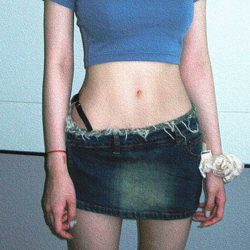 กระโปรงผ้ายีนส์ผู้หญิงกางเกงยีนส์มินิกางเกงยีนส์2000s กางเกงขาสั้นคาวบอยสไตล์เกาหลีแนววินเทจยุค90s