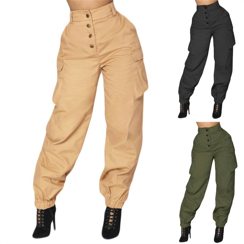 女性用ハイウエストカーゴパンツ,ポケット付き日常のシンプルなカジュアルパンツ,無地,すべてにマッチするボタン,ファッショントレンド