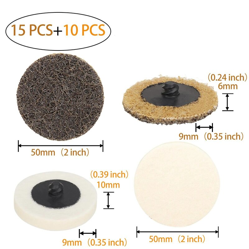 100% Natural Wool 2 Inch Quick Change Surface Prep Disc 26 Pcs Roll Lock Disc with Fine/Medium/Coarse Nylon Sanding Discs