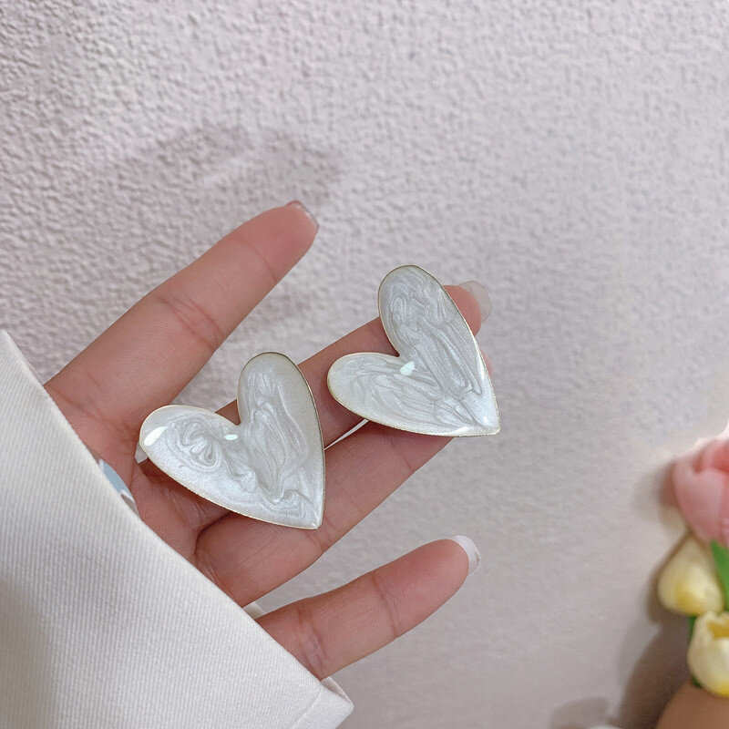 Witte Kleur Groot Hart Oorknopjes Voor Vrouwen Meisje Koreaanse Liefde Druppel Glazuur Esthetisch Dagelijks Leven Minimalistische Sieraden Piercing Oor