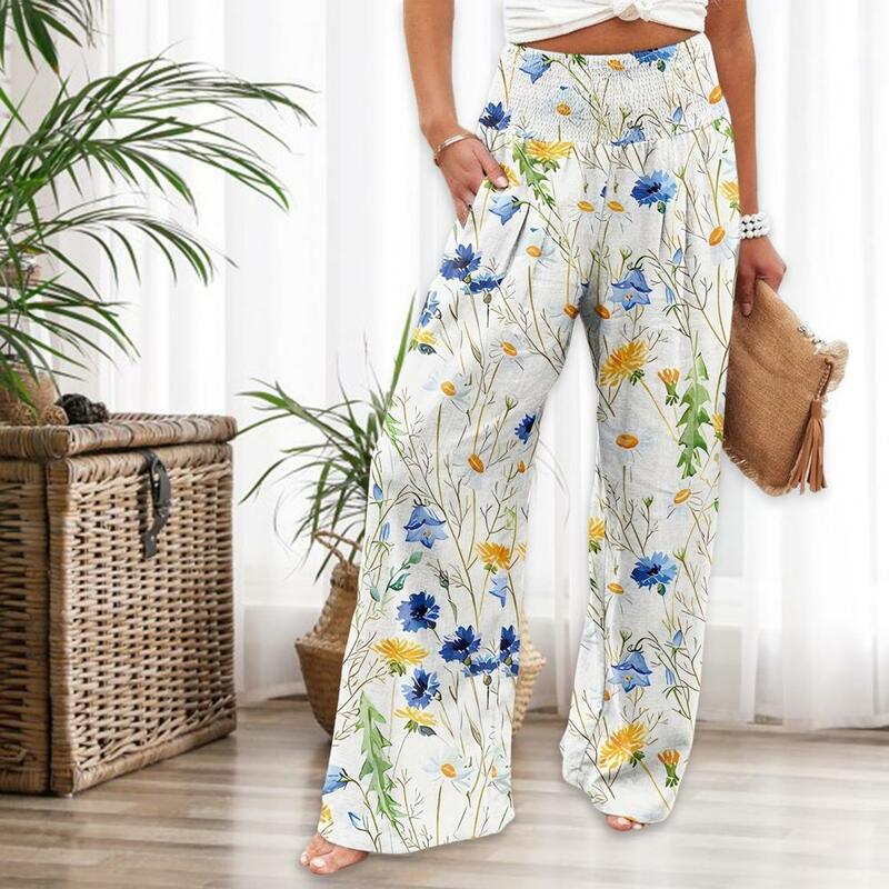 Pantalones de pierna ancha de cintura elástica con estampado de hojas de flores para mujer, pantalones de pierna ancha de cintura alta elástica con bolsillos, elegantes para verano
