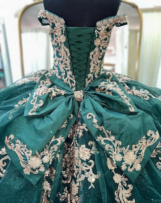 녹색 공주 퀸시네라 드레스, 오프숄더 아플리케 볼 가운, 달콤한 16 개 드레스, 15 개 아뇨스 멕시코