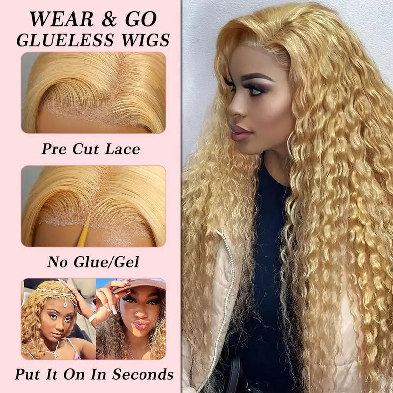 Glueless Honey Blonde Curly Human Hair Wig 13x4 HD Lace Front Wig #27 Deep Wave Human Hair with Baby Hair 180% Density