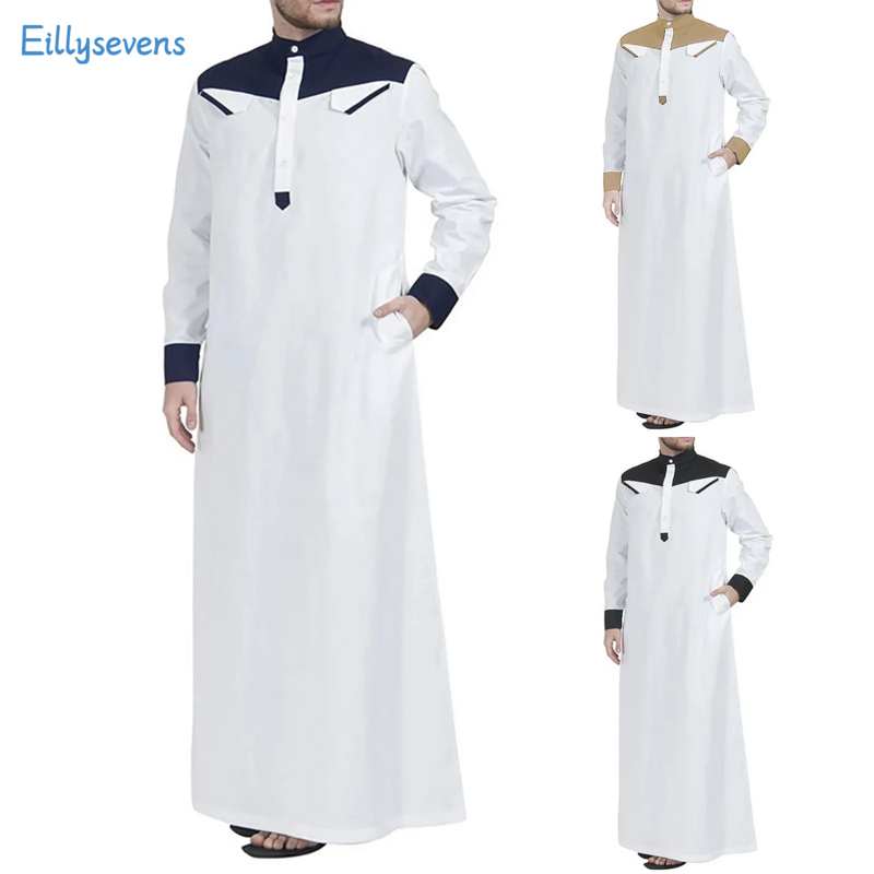 Herren Patchwork Robe klassischen Modetrend Saudi-Arabisch Langarm Robe Ramadan muslimischen Kleid mittel islamische Kleidung