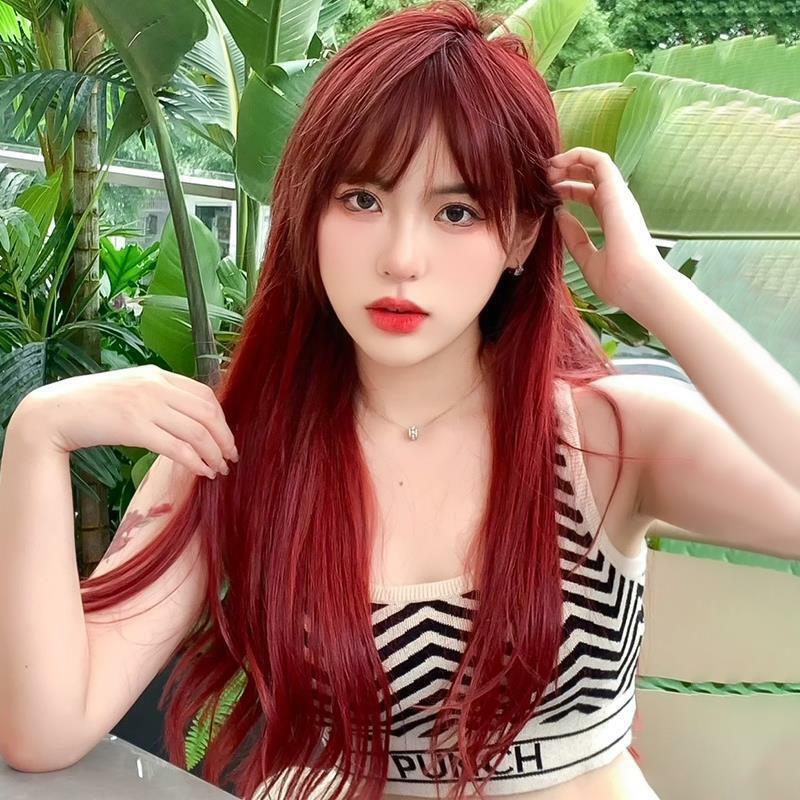 Peluca de cabello largo y liso para mujer, cabellera roja con diseño de sirena, rosa y frambuesa, color blanco, estilo de tocado completo a la moda, 2024
