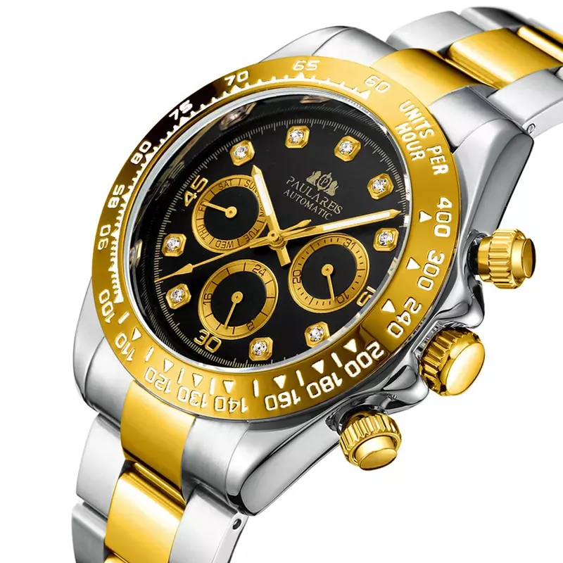 Zegarki automatyczne Self Wind mechaniczny złoty czarny stal nierdzewna diamenty kamień moda sport luksusowy męski zegarek