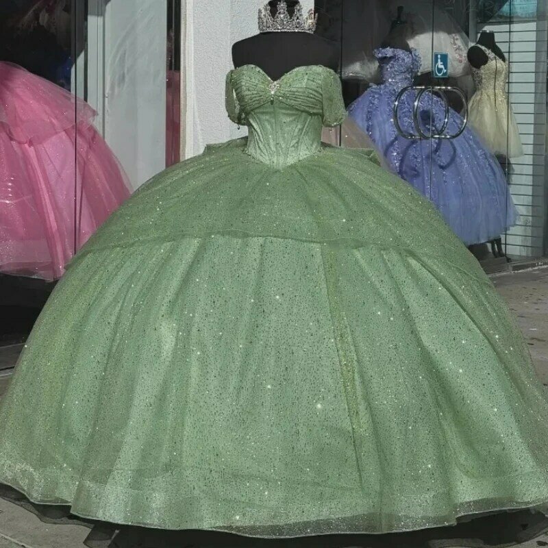 Echte Piture limetten grün Quince anera Kleid Prinzessin Abschluss ball tragen Party von der Schulter Schnür bogen Vestido de 15 xv Anos süße 16 Anos