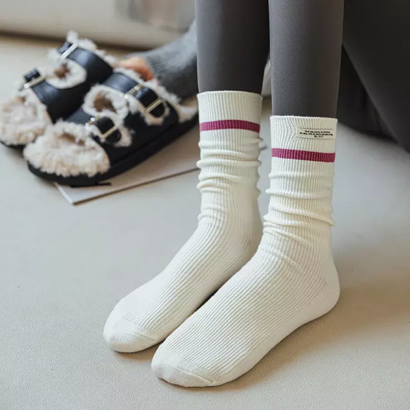 Wool Socks Women Korean Style Striped Autumn Winter Thick Warm Long Socks College Style School Girls Solid Color Thermal Socks