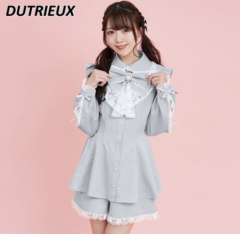 Japanische Art neue Lolita Mine Langarm Tops süße süße schlanke Spitze Schleife Hemd und Basis Shorts zweiteilige Set sc Anzug
