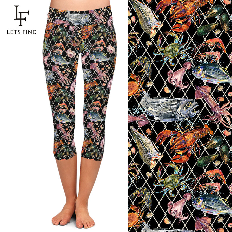 LETSFIND-Leggings elásticos de media pantorrilla para mujer, Leggings Capri ajustados de cintura alta con estampado de peces marinos de acuarela, novedad de verano 2020