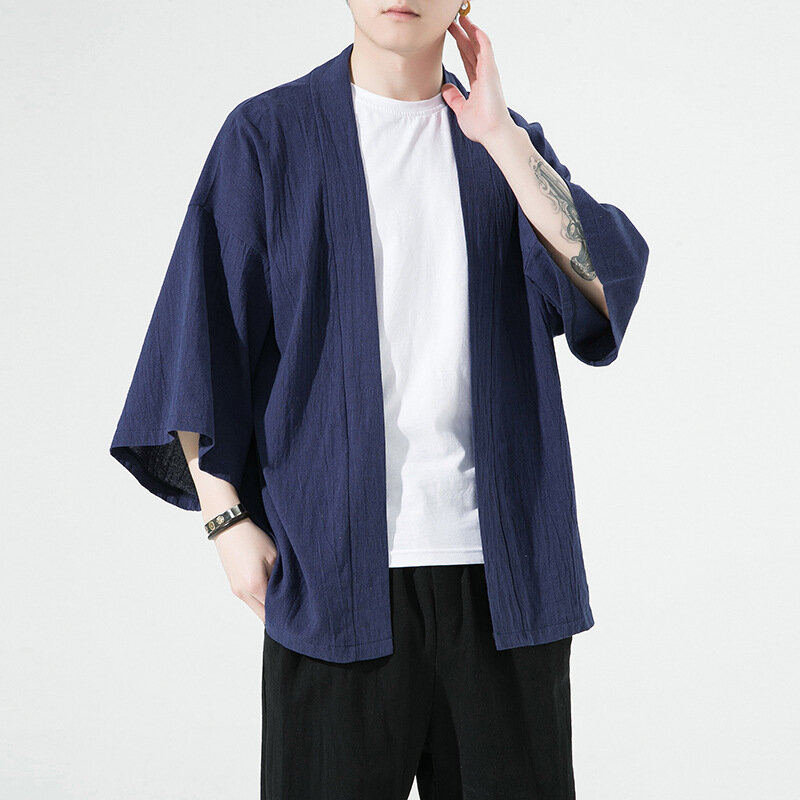 Kimono tradicional para homens, camisa de algodão e linho, cardigã de manga três quartos, harajuku