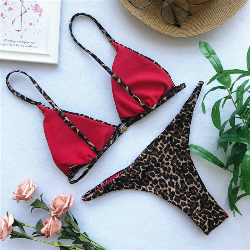 Conjunto de Bikini con estampado de leopardo y Animal para mujer, bañador Sexy con sujetador acolchado, traje de baño para playa