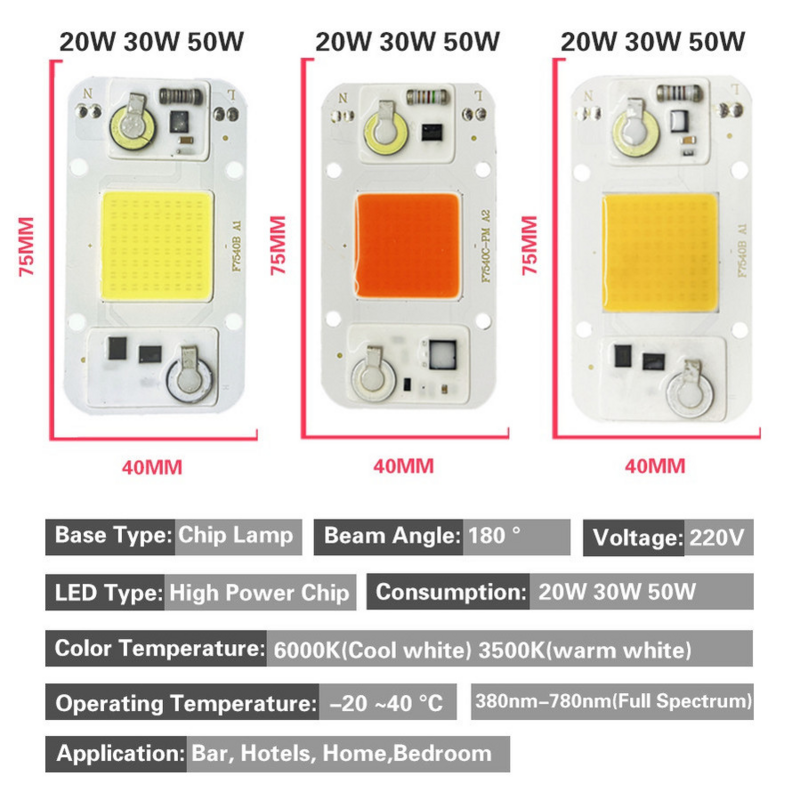 AC110V 220V LED COB 칩 20W 30W 50W 차가운 흰색 따뜻한 백색광 전체 스펙트럼 발광 다이오드 LED 매트릭스 실내 식물 조명