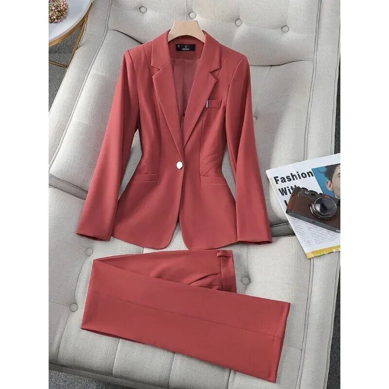 Celana wanita kantor, setelan baju dan celana panjang dua potong, jaket Blazer Formal dan celana panjang kuning hitam merah