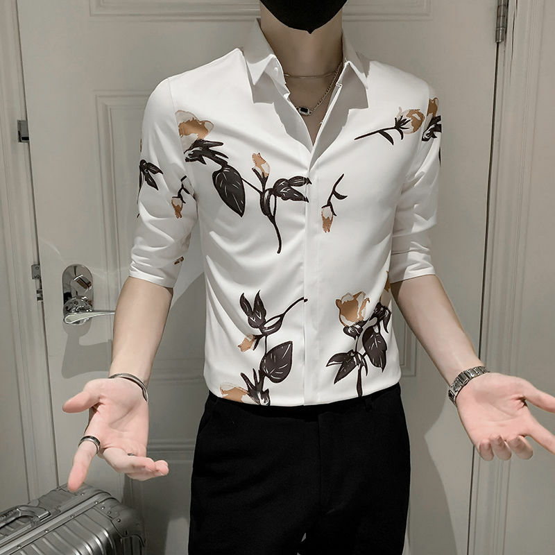 Camisa de botão estampado floral masculina, meia manga, gola virada para baixo, cardigã de botão, rua alta, moda casual, tops ingleses, novo, verão