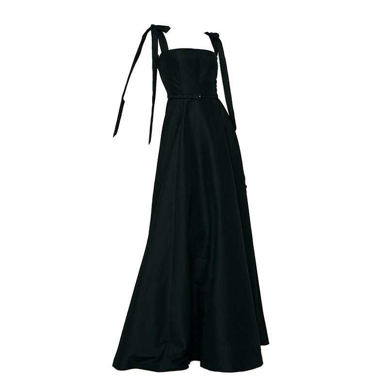 Vestido de novia coreano de satén cómodo negro, vestido de tiro de boda Simple con tirantes finos, vestido de noche elegante con cuello cuadrado