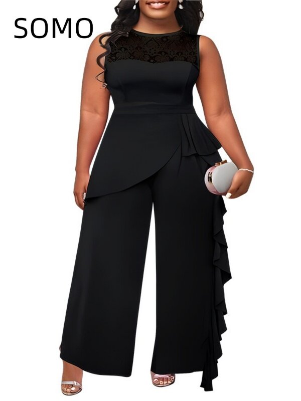 SOMO Plus Size Women Jumpsuit Solid Color Sleeveless O-neck Lace Splicing Trim Loose Straight Jumpsuits Wide Leg Pants 2024
