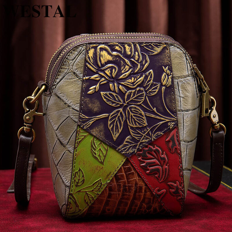 WESTAL-Bolsa pequena de couro floral para telefone, bolsas de ombro femininas, bolsas crossbody, mini bolsas, 338