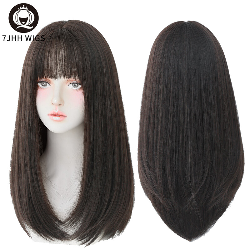 7JHH peruki długie proste włosy z Bangs peruki syntetyczne dla dziewczynek najnowsza moda fryzury czarne szydełkowe włosy Ginger wig