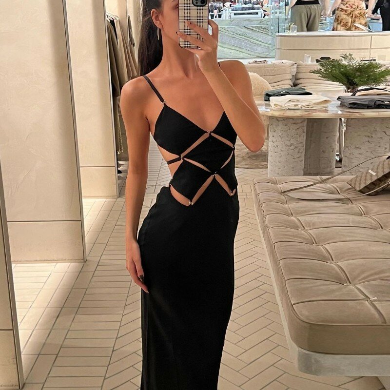 Sexy Hollow Ring Prom Dress nero Casual elastico lungo Maxi Party abito da sera Strap Robes Plus Size gonna