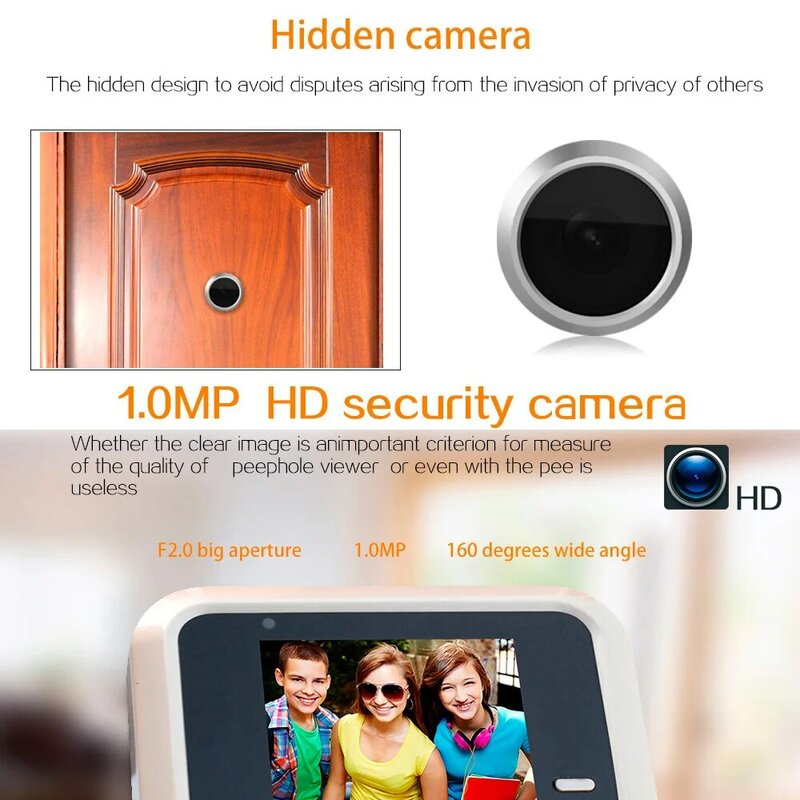 Kamera Pintu 2.4 ° LCD HD piksel, kamera pintu keamanan rumah pintar luar ruangan dengan fitur bel pintu mata kucing 120 inci