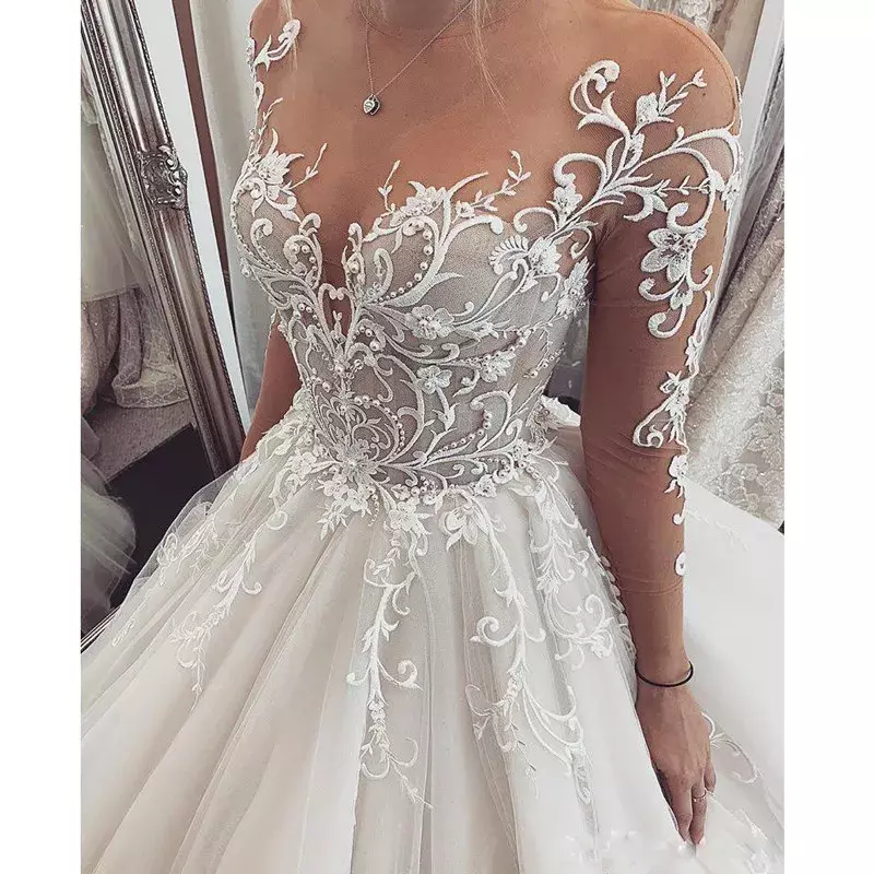Gorgeous Wedding Dress Pearls Beading Sheer Long Sleeves Sexy Wedding Gowns Custom Made Illusion A-Line Tulle Bride Dresses