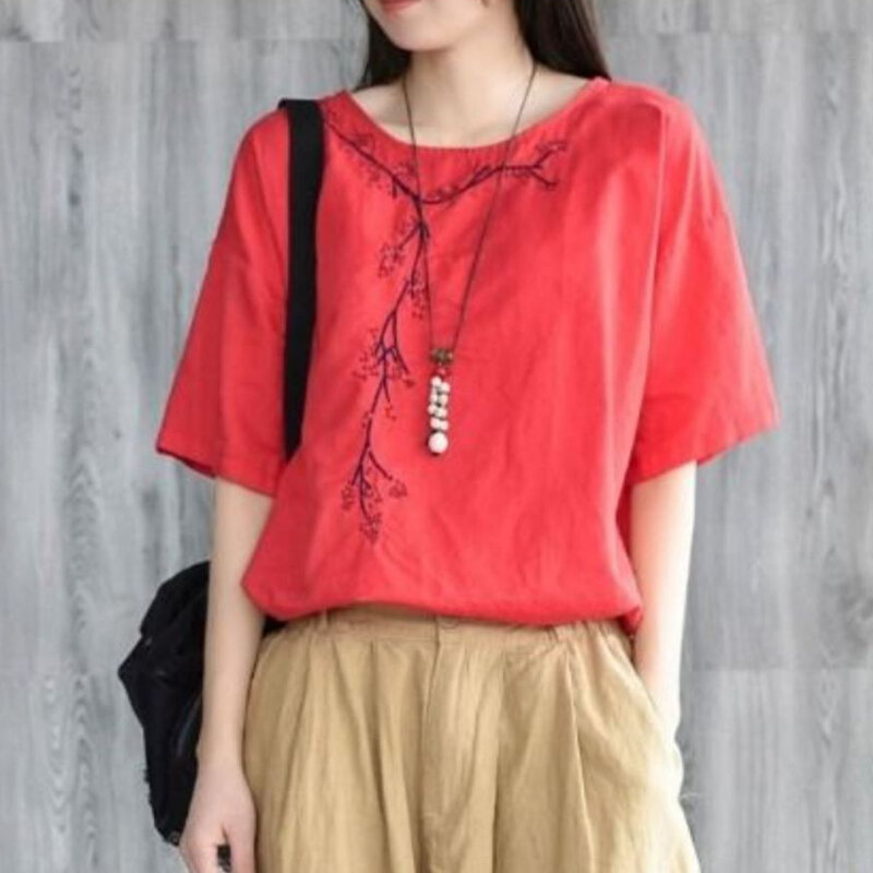 Damen bekleidung 2024 Sommer Vintage ethnischen Stil Stickerei übergroße Baumwolle Leinen T-Shirt weiblich lässig o Hals Kurzarm Tops