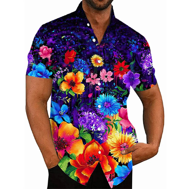 เสื้อฮาราจูกุ3D พิมพ์ลายดอกไม้สีสันสดใส kemeja pendek กราฟิกสำหรับผู้ชายแฟชั่นเสื้อสตรีท