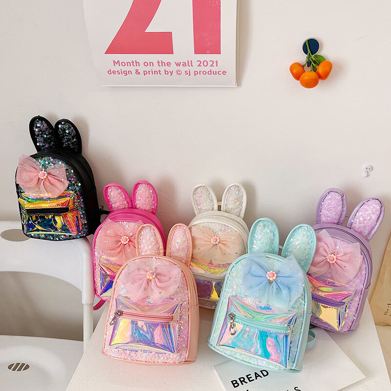 Kids Backpack for Girl Laser PU Backpack Rabbit Ear Glitter Backpack Fashionable School Bags Mother Kids Bags for Girl Mochilas