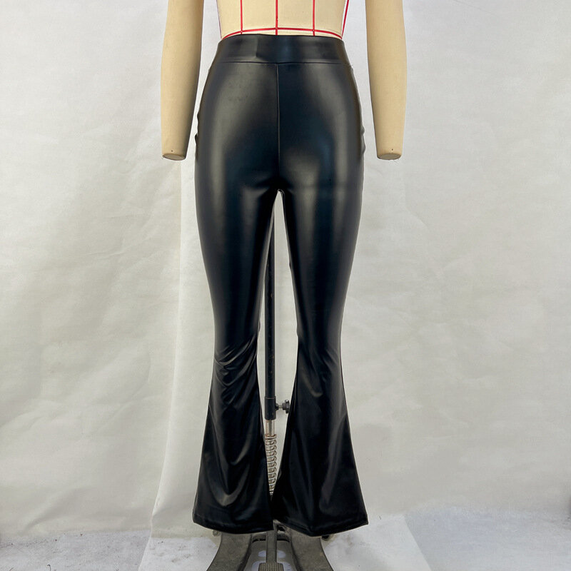 Skórzane spodnie Flare damskie 2023 jesienno-zimowe nowe czarne błyszczące spodnie z wysokim stanem do klubu na imprezę Streetwear