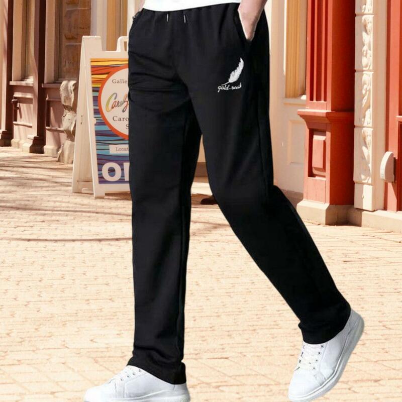 W połowie wzrostu z elastyczny pas kieszeniami z nadrukiem listowym męskie spodnie letnie długie spodnie dresowe z prostymi nogawkami