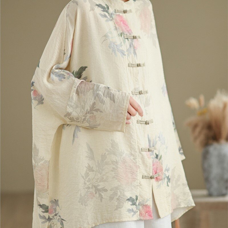 Neues Damen hemd im chinesischen Stil, künstlerisch bedrucktes, mittellanges, leichtes Cardigan-Oberteil