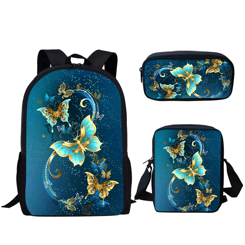 Belidome 3Set School Bags for Teen  Boys Girls Butterfly Print Casual Backpack for Kids Lightweight Bookbag Mochila Escolar