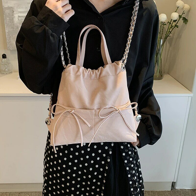 Bow Design Women's Small Backpacks 2024 Spring Y2K Korean Fashion Solid Color Backpack Lady School Bag Travel Chain Back Packs