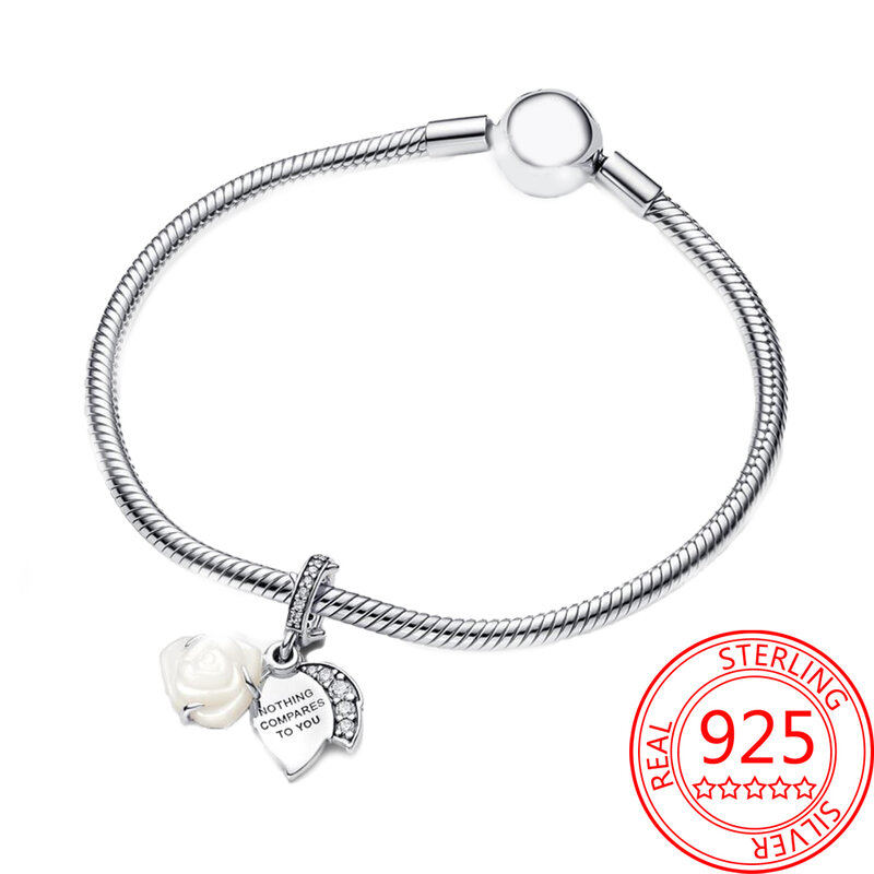 Elegante abalorio de plata de ley 925 para mujer, Rosa Blanca en floración, colgante doble, compatible con pulsera Pandora, regalo de joyería de religión