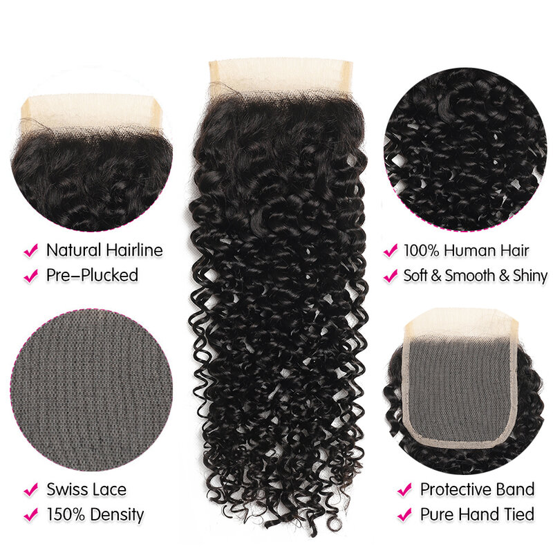 Bundles de cheveux bouclés crépus avec fermeture à lacet suisse, 100% cheveux humains, tissage birman, 3/4 pièces, 4x4, 12A
