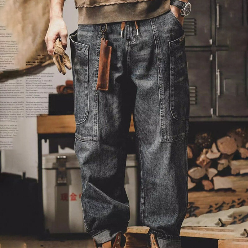 Calça casual lavada na rua alta masculina, jeans americano pesado, macacão reto solto, retrô grande, nova moda, outono, 2024